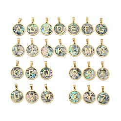 Letter A~Z Вакуумное покрытие pvd 304 нержавеющая сталь с подвесками из ракушек пауа, золотые, плоский круглый с подвеской в виде буквы, Письмо ~ Z, 18x16x1.5 мм, отверстие : 3x6 мм