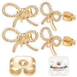 Real 18K Gold Plated 20Pcs Brass Bowknot Stud Earrings, with Vertical Loops & 20Pcs Friction Ear Nuts, Real 18K Gold Plated, 14x9mm, Hole: 1mm, Pin: 0.7mm