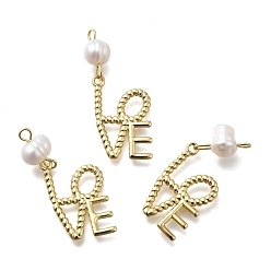 Слово Латунные подвески, стойки покрытие, долговечный, с натуральной жемчужиной, реальный 18 k позолоченный, без кадмия и без свинца, слово, 30.5 мм, отверстие : 1.8 мм
