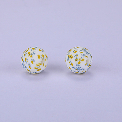 Light Yellow Printed Round with Flower Pattern Silicone Focal Beads, Light Yellow, 15x15mm, Hole: 2mm