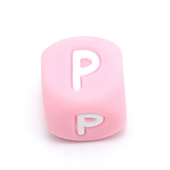 Letter P Silicone Alphabet Beads for Bracelet or Necklace Making, Letter Style, Pink Cube, Letter.P, 12x12x12mm, Hole: 3mm