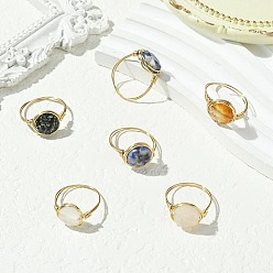 Light Gold Плоские круглые кольца из натуральной красной яшмы, розового кварца, голубой пятнистой яшмы, тигрового глаза, далматинской яшмы и агата, латунная проволока, обернутая для женщин, золотой свет, 11 мм, внутренний диаметр: 18 мм