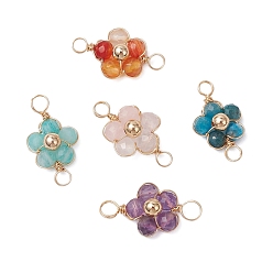 Золотой Подвески-коннекторы в виде цветка из натурального амазонита, апатита, розового кварца, аметиста и красного агата с круглыми гранеными бусинами, с обмоткой из медной проволоки, золотые, 19~21x11~11.5 мм, отверстие : 2.5~3.5 мм