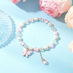 Бледно-Розовый Браслеты из круглых бусин из матового синтетического лунного камня и ракушечного жемчуга, браслеты с подвесками в виде бабочки из сплава и акрила для женщин, розовый жемчуг, внутренний диаметр: 2-1/8 дюйм (5.5 см)