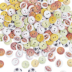 Mixed Color 2 Bags 2-Hole Printed Wooden Buttons, Flat Round with Ball Pattern, Mixed Color, 15x4mm, Hole: 1.8mm, 100pcs/bag