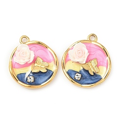 Морской Синий 304 подвески из нержавеющей стали, плоский круг с цветком-бабочкой, с эмалью, Горный хрусталь и смола, реальный 18 k позолоченный, Marine Blue, 22x19x6 мм, отверстие : 1.8 мм