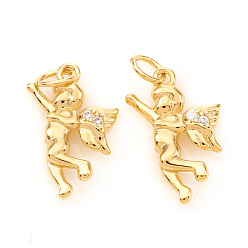 Настоящее золото 18K Латунные микро проложить кубического циркония прелести, с прыжковых колец, ангел, прозрачные, реальный 18 k позолоченный, 14x9x2.5 мм, Перейти кольцо: 4x0.6 мм, отверстие : 2.5 мм