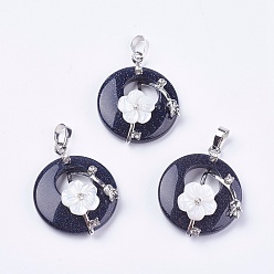 Blue Goldstone Synthetic Blue Goldstone Pendants, with Shell, Rhinestone and Platinum Tone Brass Findings, Flat Round with Flower, 35.5~36x28x8mm, Hole: 5x8mm