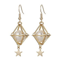 Звезда Оболочки жемчужные болтаться серьги, длинные серьги-капли из настоящей позолоченной латуни 18k, звезда, 52x19 мм