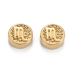Scorpio Ion Plating(IP) 304 Stainless Steel Beads, Flat Round with Constellations Pattern, Scorpio, 9.8~10x4.2mm, Hole: 1.8mm
