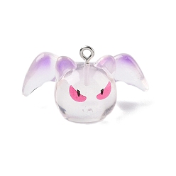 Bat Подвески из прозрачной смолы на Хэллоуин, с платиновым железным обручем, летучая мышь, 19x34.5x16.5 мм, отверстие : 2 мм