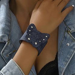 Marine Blue Leather Butterfly Link Bracelet with Wide Crods, Marine Blue, 8-5/8 inch(22cm)