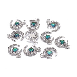 Green Brass Micro Pave Clear Cubic Zirconia Glass Pendants, with Jump Ring, Long-Lasting Plated, Moon, Cadmium Free & Lead Free, Real Platinum Plated, Green, 21x16.5x4.5mm, Jump Ring: 5x0.8mm, 3.5mm Inner Diameter