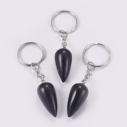 Blue Goldstone Synthetic Blue Goldstone Keychain, with Iron Key Rings, Platinum, teardrop, 80.5mm, Pendant: 33.5x15.5mm