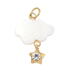 Weiß 304 Edelstahl-Acryl-Anhänger, Wolke mit Sterncharme, mit Strass, echt 18 k vergoldet, weiß, 26x19x3.5 mm, Bohrung: 4.4 mm