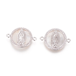 Платина Соединители из латуни с микропаве и кубическим цирконием, с оболочкой, плоские круглые с Девой Марией, прозрачные, платина, 15x21x2.5 мм, отверстие : 1.2 мм