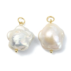 Золотой Подвески из натурального барочного жемчуга кеши, Подвески в виде цветка сливовой грудины с латунными петлями, цветочный белый, золотые, 20~21x16.5~17x8.5~9 мм, Перейти кольцо: 5x0.8 мм, внутренний диаметр: 3.5 мм