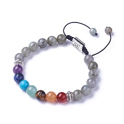 Лабрадорита Чакра ювелирные изделия, браслеты из бисера натурального и синтетического смешанного камня, с натуральным лабрадорита, Результаты сплава и нейлоновый шнур, прямоугольник с символом ом, 2 дюйм ~ 3 дюйм (5.2~7.6 см)