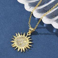 Настоящее золото 18K Латунные микропаве прозрачные кубические цирконии ожерелья с подвеской в виде солнца для женщин, реальный 18 k позолоченный, 17.52 дюйм (44.5 см), Кулон : 20.5x18.5x3.5 мм