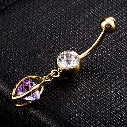 Lila Umweltfreundlicher Nabelring aus Zirkonoxid aus Messing, Bauchringe, mit 304 Edelstahlleiste, echt 18 k vergoldet, Pferd Auge, lila, 38x12 mm, Stangenlänge: 3/8"(10mm), Stange: 14 Spurweite(1.6mm)