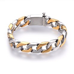 Golden & Stainless Steel Color 304 Stainless Steel Curb Chain Bracelets, Ion Plating(IP), with Clasps, Brushed, Golden & Stainless Steel Color, 9 inch(23cm), 14x4.5mm
