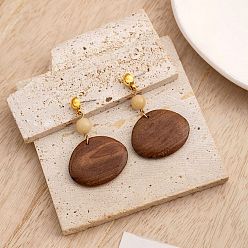 Oval Серьги-гвоздики из дерева и латуни с подвесками, золотые, овальные, 53x34 мм