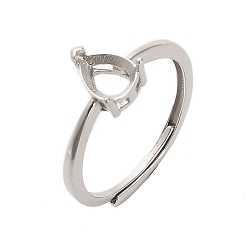 Платинированный Родиевое покрытие 925 стерлинговое серебро регулируемые настройки для кольца-солитера, 3 оправы для колец в стиле барокко в форме груши, стойки покрытие, слеза, Реальная платина, лоток : 6x8 мм, внутренний диаметр: американский размер 9 3/4 (19.5 мм)