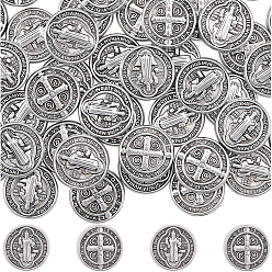 Plata Antigua 60Cuentas redondas planas de aleación de estilo tibetano, con Jesús y cruz latina, para la Pascua, plata antigua, 10x2.5 mm, agujero: 1 mm
