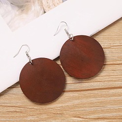 Плоский Круглый Серьги-подвески из сплава дерева, платина, плоско-круглые, 55x48 мм