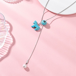 Темно-бирюзовый Ожерелье из окрашенной синтетической бирюзы в виде лошади с подвесками из жемчужных бусин., 304 ожерелья-лариаты из нержавеющей стали с цепями-змеями, цвет нержавеющей стали, темные бирюзовый, 28.74 дюйм (73 см)