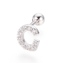 Letter G Boucles d'oreilles en argent sterling plaqué rhodium, micro pavé, zircone cubique transparente, haltère, cartilage, letter.g, 925mm, pin: 5.5x5x1.5 mm