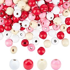 Couleur Mélangete Des perles en bois naturel, ronde, mélangé teint et non teint, Perles avec un grand trou   , couleur mixte, 200 pièces / kit