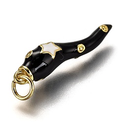 Black Brass Enamel Pendants, Long-Lasting Plated, Real 18K Gold Plated, Horn of Plenty, Italian Horn Cornicello, Black, 26x6x6mm, Hole: 3.3mm