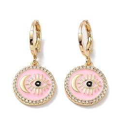 Pink Golden Brass Dangle Leverback Earrings, with Enamel and Cubic Zirconia, Evil Eye & Moon, Pink, 29x14mm