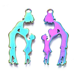 Rainbow Color Ion Plating(IP) 201 Stainless Steel Pendants, Family, Rainbow Color, 40x17.5x1mm, Hole: 2mm