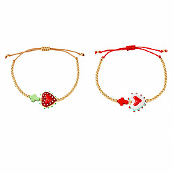 Mixed Color 2Pcs 2 Colors Dyed Synthetic Turquoise Cross and Glass Heart Braided Bead Bracelets for Women, Adjustable Stackable Bracelets with Round Brass Beads, Golden, Mixed Color, 11.02 inch(28cm), 1pc/color