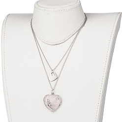Rose Quartz 316 Surgical Stainless Steel Cable Chains Tiered Necklaces, Double Layer Necklaces, with Rose Quartz Pendant and 304 Stainless Steel Heart Charms, 15.9 inch