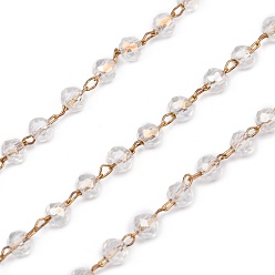Прозрачный Ручной цепи стекло бисером, пайки, с катушкой, цепи латуни, граненые, рондель, прозрачные, 3 мм