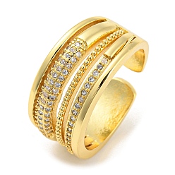 Real 16K Gold Plated Brass Micro Pave Cubic Zirconia Open Cuff Ring, Cadmium Free & Lead Free, Multi Lines, Real 16K Gold Plated, Inner Diameter: 17.8mm