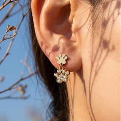 Real 18K Gold Plated 316L Surgical Stainless Steel Micro Pave Cubic Zirconia Dangle Stud Earrings for Women, Paw Print, Real 18K Gold Plated, 20.5x11mm