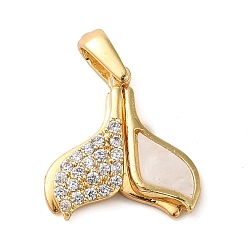 Golden Brass Micro Pave Clear Cubic Zirconia with Acrylic Pendants, Whale Tail Shape, Golden, 17x15.5x4mm, Hole: 4x5mm