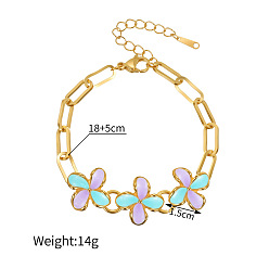 Лиловый 304 браслеты-цепочки из нержавеющей стали с эмалированными цветочными звеньями, браслеты-цепочки со скрепками для женщин, золотые, сирень, 7.09 дюйм (18 см)