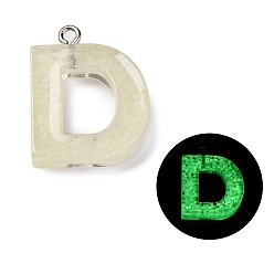 Letter D Светящиеся подвески смолы, светится в темноте, с платиновым покрытием петли, буквы, Буква D, 24x18.5x5 мм, отверстие : 1.8 мм