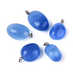 Королевский синий Подвески кошачий глаз, самородки прелести, с 201 защелкой из нержавеющей стали на поручнях, цвет нержавеющей стали, королевский синий, 24~37x15~24x7~20 мм, отверстие : 6x2.5 мм