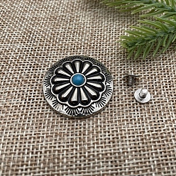 Dark Blue Flower Pattern Flat Round Alloy Coin Screwback Rivets, with Plastic Imitation Turquoise, for Clothes Bag Shoes Leather Craft, Dark Blue, 30mm