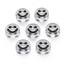 Прозрачный Прозрачные акриловые бусины, с блеском порошок, плоская круглая смайлик с черной эмалью, прозрачные, 10x5 мм, отверстие : 2 мм, Около 1450 шт / 500 г