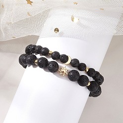 Лавовый камень 2шт. браслеты из круглых бусин из натуральной лавы для женщин и мужчин, Вс & луна, с латунной бисера, реальный 18 k позолоченный, внутренний диаметр: 1.93~1.97 дюйм (4.9~5 см), 2 шт / комплект