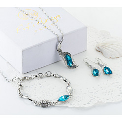 Синий Циркон Сплава горный хрусталь комплектов ювелирных изделий, включают браслеты, серьги и ожерелья, волна/самородки, платина, синий циркон, 450 мм