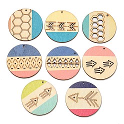 Mixed Color Printed Natural Poplar Wood Pendants, Laser Cut Wood Shapes, Flat Round, Mixed Patterns, Mixed Color, 49.5x3mm, Hole: 2mm