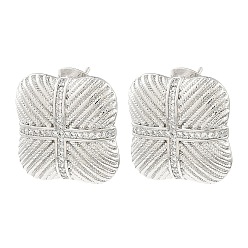 Platinum Rack Plating Brass Micro Pave Cubic Zirconia Square Stud Earrings, Long-Lasting Plated, Lead Free & Cadmium Free, Platinum, 18.5x19mm